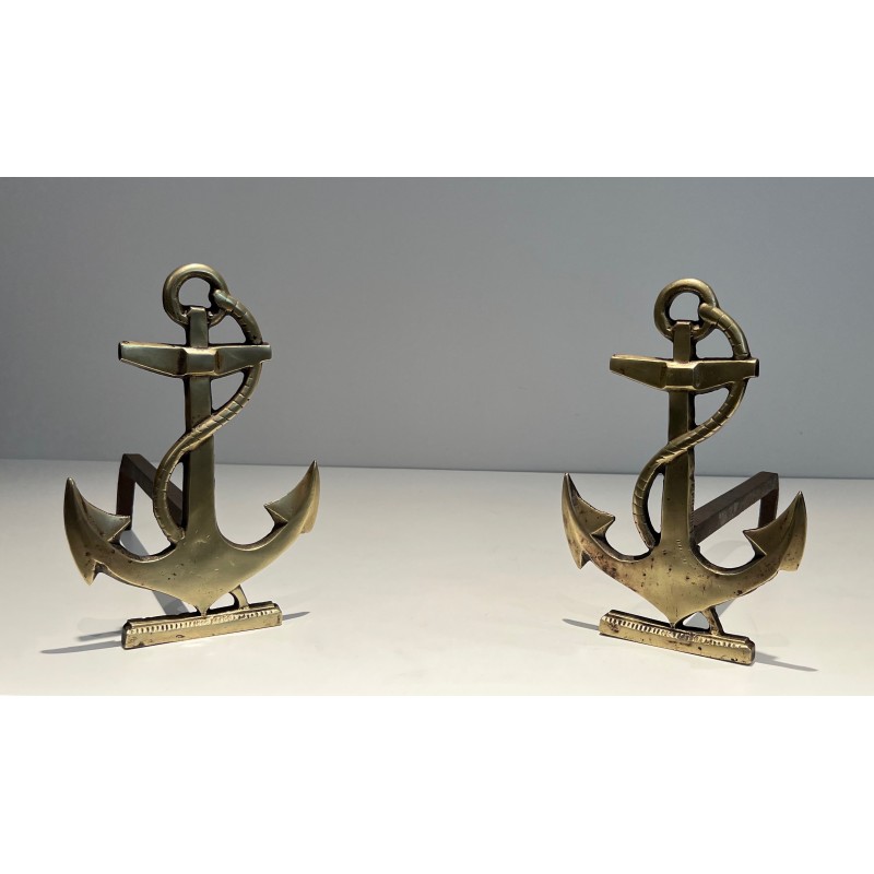 Pair of Brass Boat Anchor Andirons, French Work, circa 1970