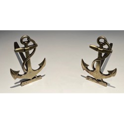 Paire de Chenets en Laiton à Motif d'Ancre de Bateau, Travail Français, Vers 1970