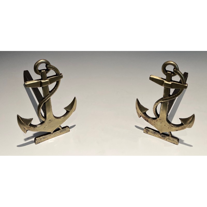 Paire de Chenets en Laiton à Motif d'Ancre de Bateau, Travail Français, Vers 1970