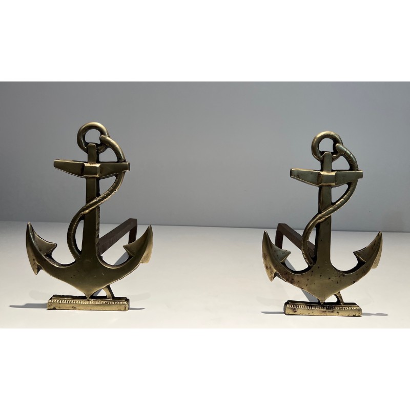 Pair of Brass Boat Anchor Andirons, French Work, circa 1970