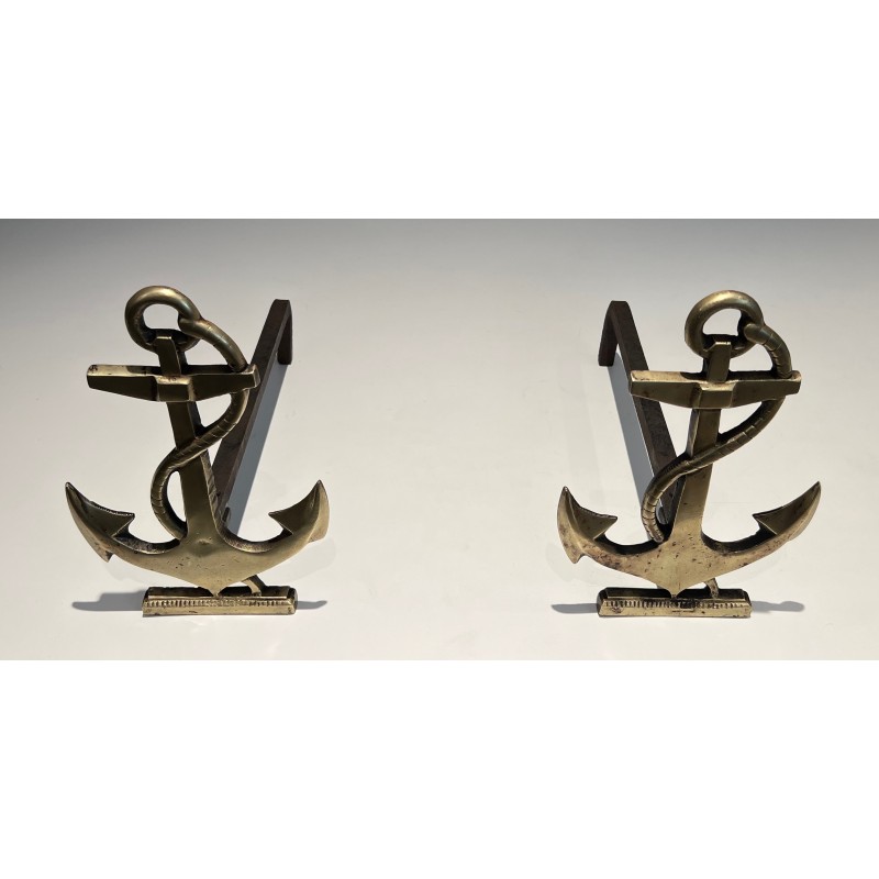 Pair of Brass Boat Anchor Andirons, French Work, circa 1970