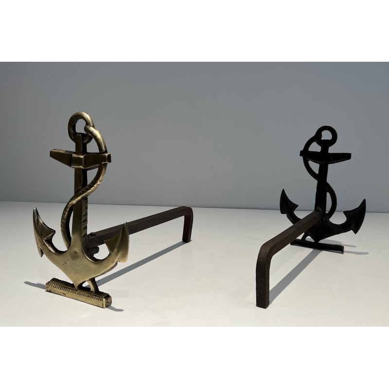 Pair of Brass Boat Anchor Andirons, French Work, circa 1970