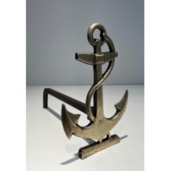 Paire de Chenets en Laiton à Motif d'Ancre de Bateau, Travail Français, Vers 1970