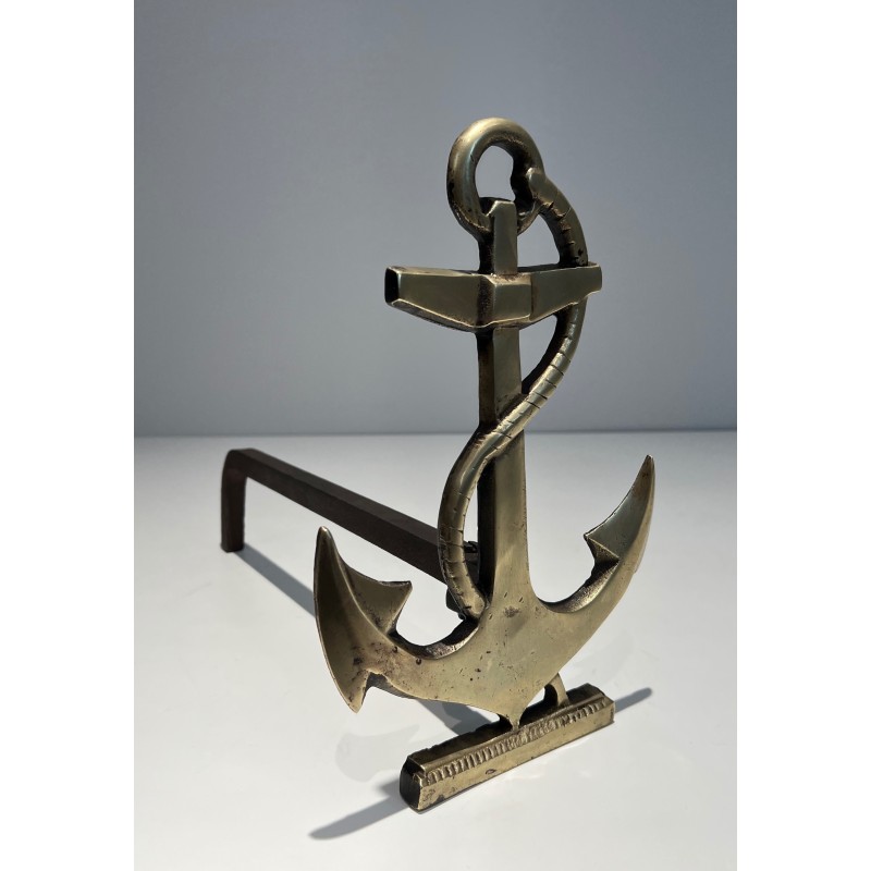 Pair of Brass Boat Anchor Andirons, French Work, circa 1970