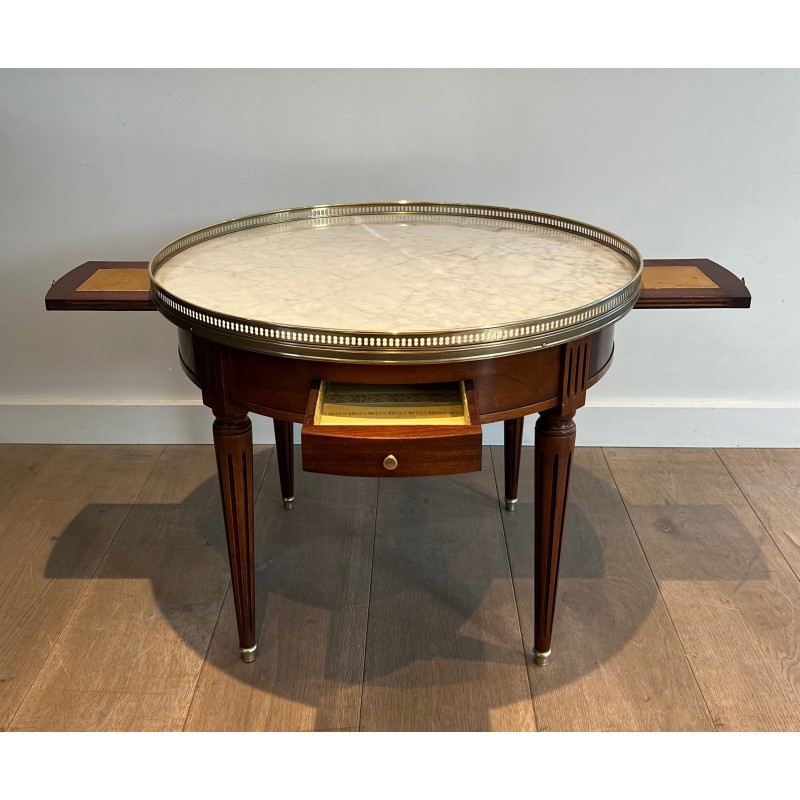 Table Basse Ronde de Style Néoclassique en Acajou, Laiton et Plateau de Marbre de Carrare Blanc