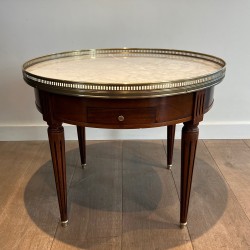Neoclassical Style Round Mahogany Coffee Table with Brass and White Carrara Marble Top