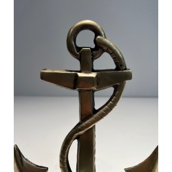 Pair of Brass Boat Anchor Andirons, French Work, circa 1970