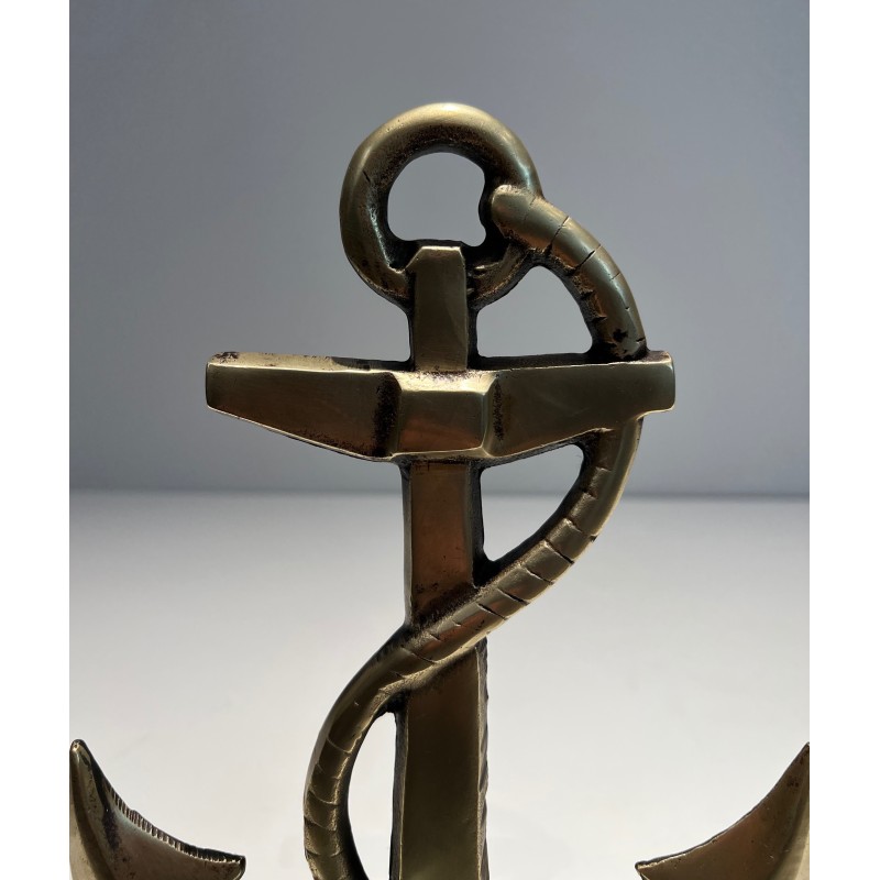 Pair of Brass Boat Anchor Andirons, French Work, circa 1970