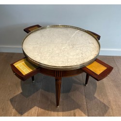 Neoclassical Style Round Mahogany Coffee Table with Brass and White Carrara Marble Top