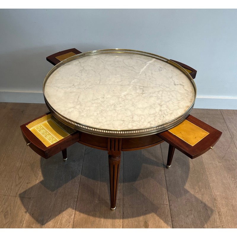Table Basse Ronde de Style Néoclassique en Acajou, Laiton et Plateau de Marbre de Carrare Blanc