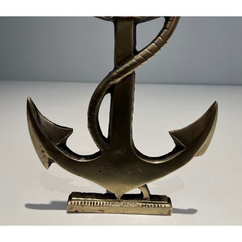 Pair of Brass Boat Anchor Andirons, French Work, circa 1970