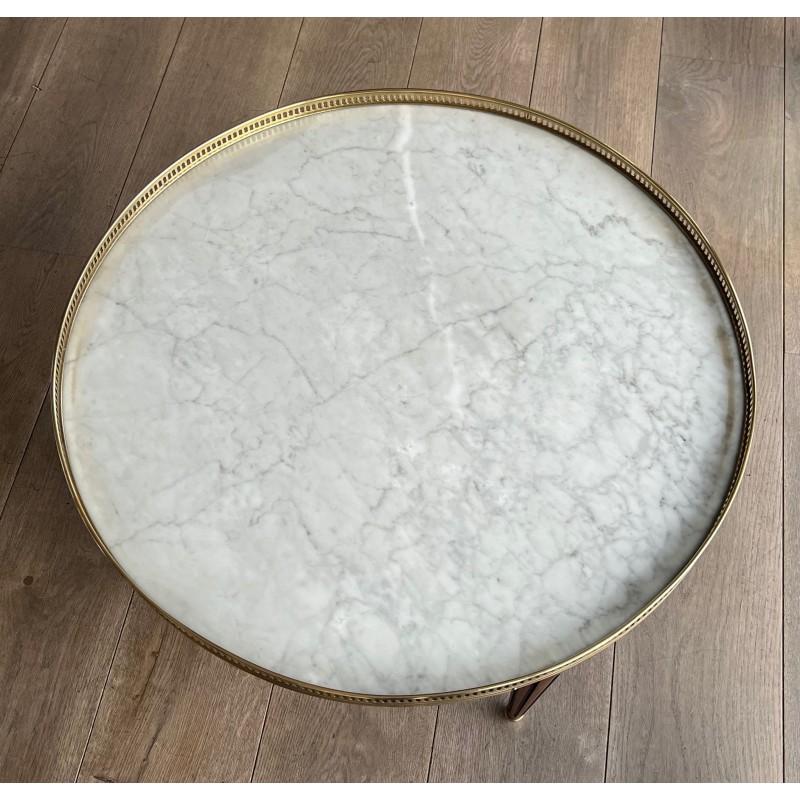 Table Basse Ronde de Style Néoclassique en Acajou, Laiton et Plateau de Marbre de Carrare Blanc