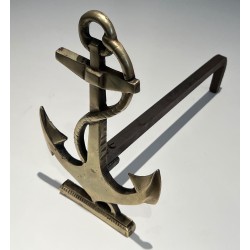 Pair of Brass Boat Anchor Andirons, French Work, circa 1970