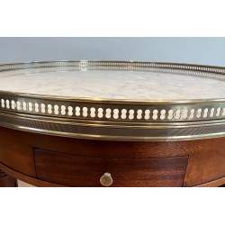 Table Basse Ronde de Style Néoclassique en Acajou, Laiton et Plateau de Marbre de Carrare Blanc