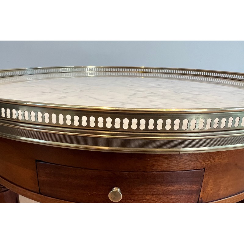 Table Basse Ronde de Style Néoclassique en Acajou, Laiton et Plateau de Marbre de Carrare Blanc