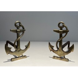 Paire de Chenets en Laiton à Motif d'Ancre de Bateau, Travail Français, Vers 1970