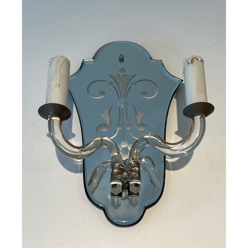 Pair of Murano Art Déco Wall Lights with Engraved Mirror and Crystal | circa 1940