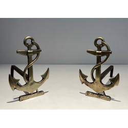 Pair of Brass Boat Anchor Andirons, French Work, circa 1970