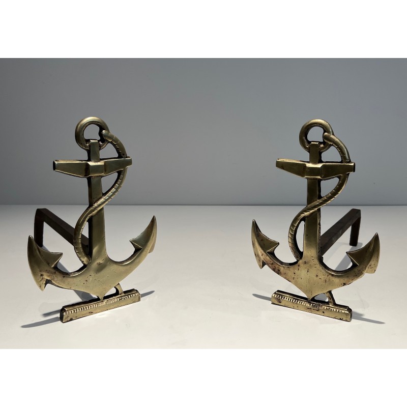Paire de Chenets en Laiton à Motif d'Ancre de Bateau, Travail Français, Vers 1970
