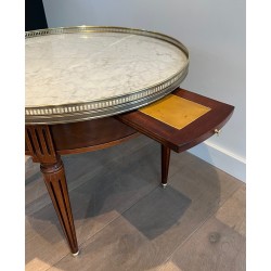 Neoclassical Style Round Mahogany Coffee Table with Brass and White Carrara Marble Top