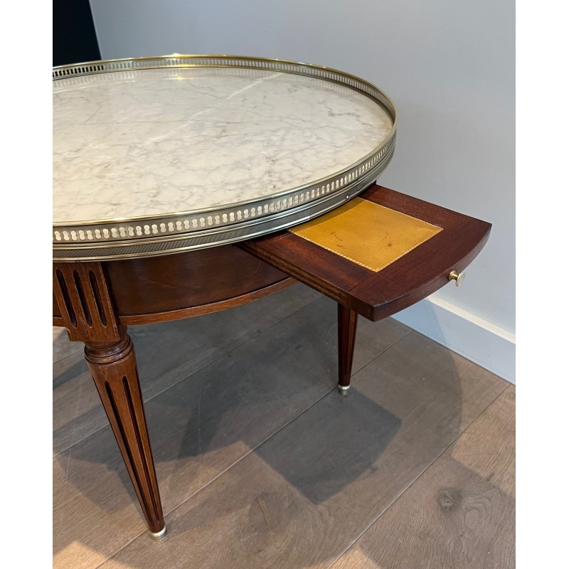 Table Basse Ronde de Style Néoclassique en Acajou, Laiton et Plateau de Marbre de Carrare Blanc