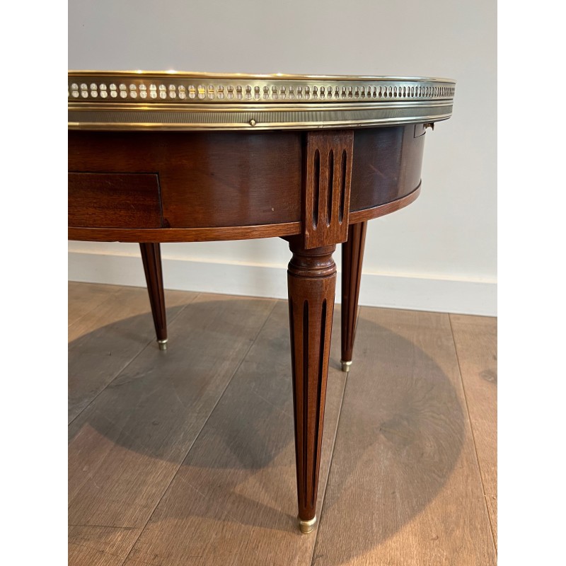 Table Basse Ronde de Style Néoclassique en Acajou, Laiton et Plateau de Marbre de Carrare Blanc