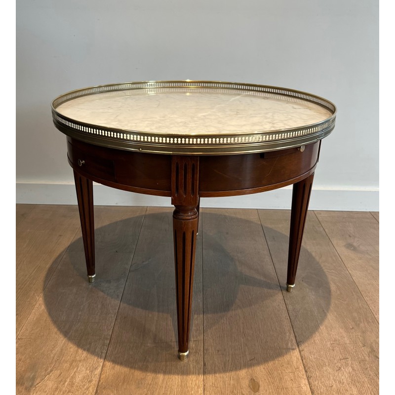 Table Basse Ronde de Style Néoclassique en Acajou, Laiton et Plateau de Marbre de Carrare Blanc