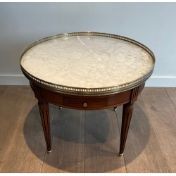 Table Basse Ronde de Style Néoclassique en Acajou, Laiton et Plateau de Marbre de Carrare Blanc