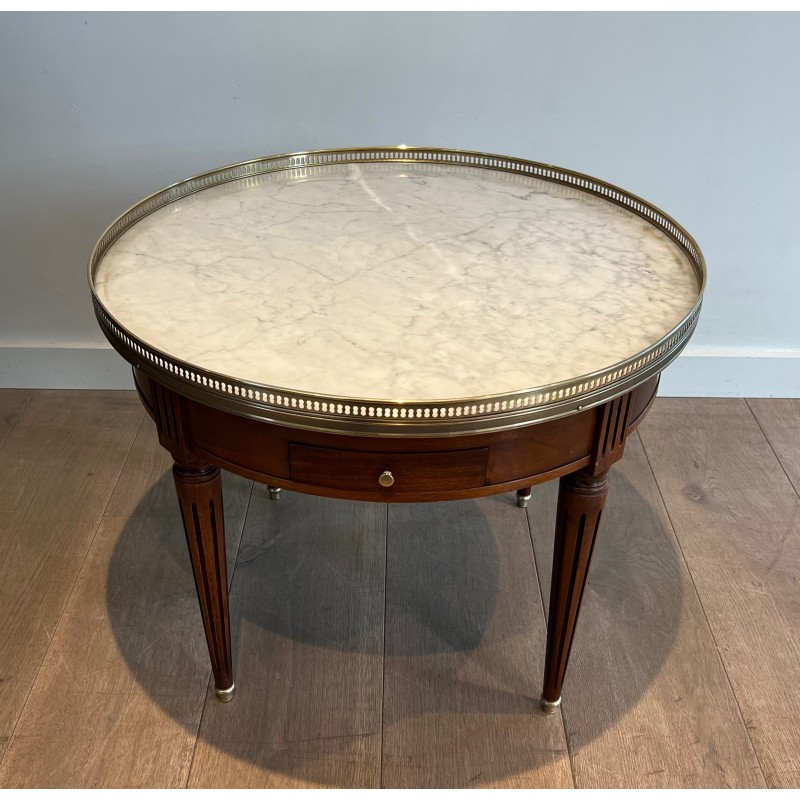 Neoclassical Style Round Mahogany Coffee Table with Brass and White Carrara Marble Top