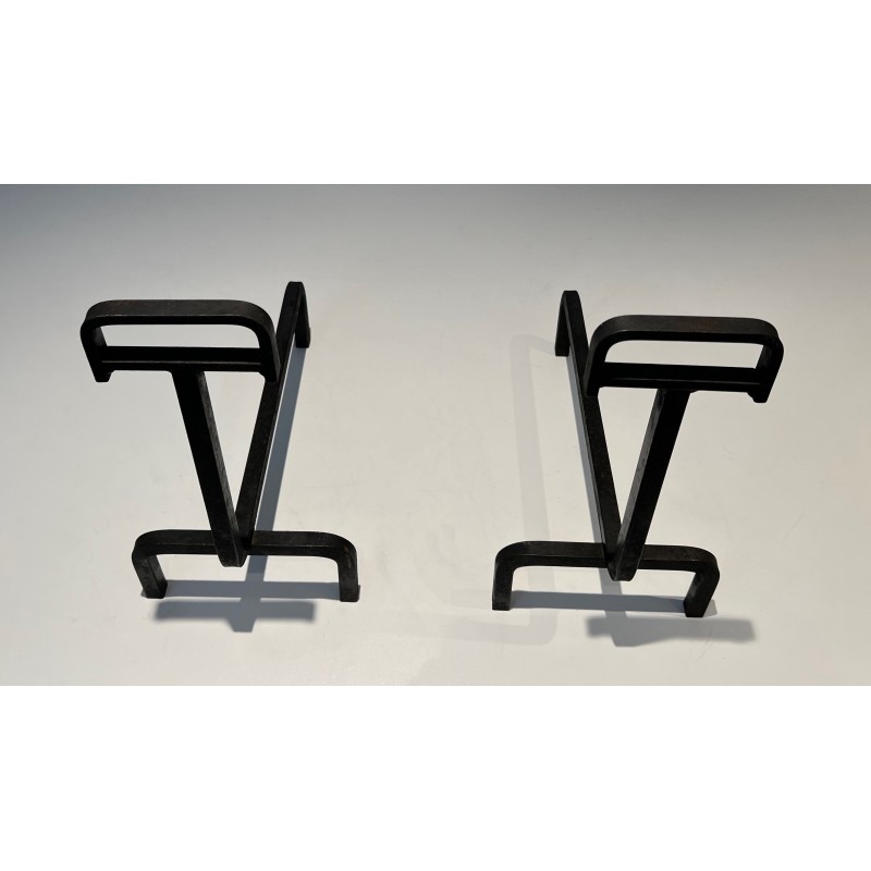 Pair of Wrought Iron Andirons, French Work, circa 1940