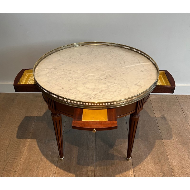 Table Basse Ronde de Style Néoclassique en Acajou, Laiton et Plateau de Marbre de Carrare Blanc
