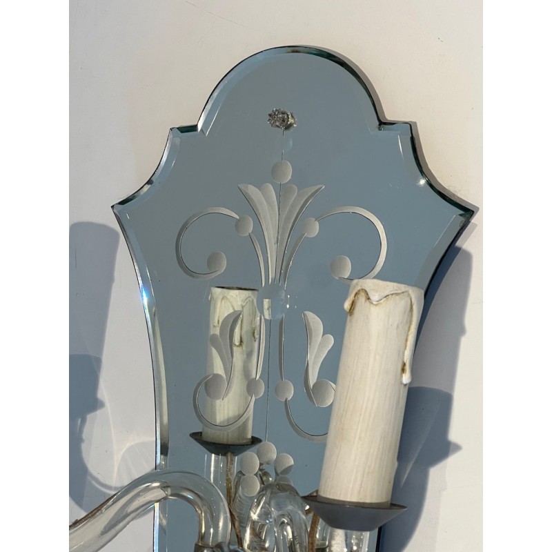 Paire d'Appliques Murano Art Déco en Miroir Gravé et Cristal | vers 1940