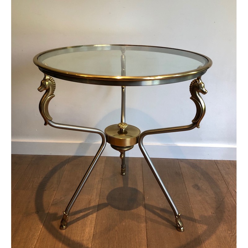 Brushed Steel and Brass Round Guéridon with Seahorse Head Supports, French Work in the Style of Maison Jansen, circa 1970