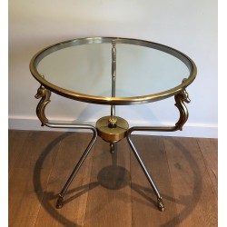 Brushed Steel and Brass Round Guéridon with Seahorse Head Supports, French Work in the Style of Maison Jansen, circa 1970