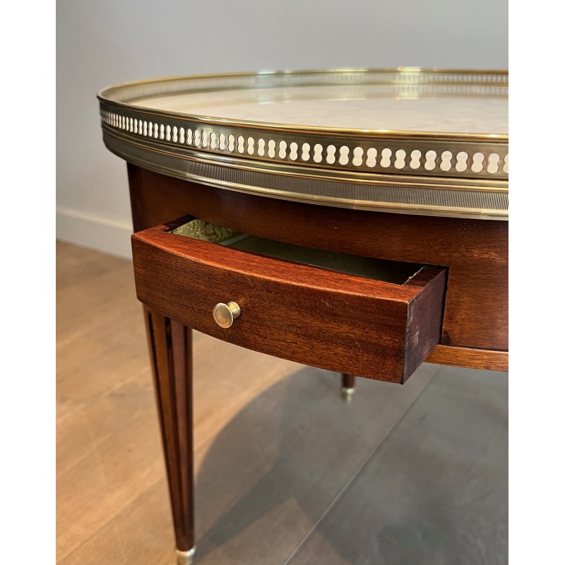 Neoclassical Style Round Mahogany Coffee Table with Brass and White Carrara Marble Top