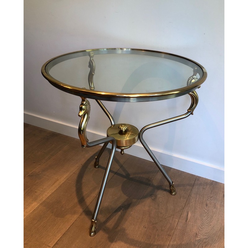 Brushed Steel and Brass Round Guéridon with Seahorse Head Supports, French Work in the Style of Maison Jansen, circa 1970