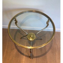 Brushed Steel and Brass Round Guéridon with Seahorse Head Supports, French Work in the Style of Maison Jansen, circa 1970