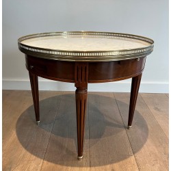 Neoclassical Style Round Mahogany Coffee Table with Brass and White Carrara Marble Top