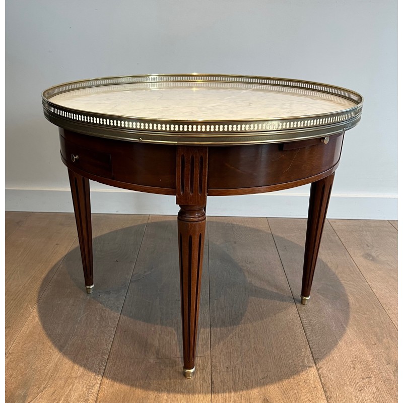 Table Basse Ronde de Style Néoclassique en Acajou, Laiton et Plateau de Marbre de Carrare Blanc