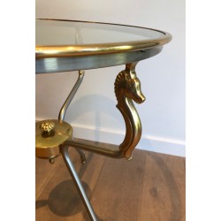 Brushed Steel and Brass Round Guéridon with Seahorse Head Supports, French Work in the Style of Maison Jansen, circa 1970