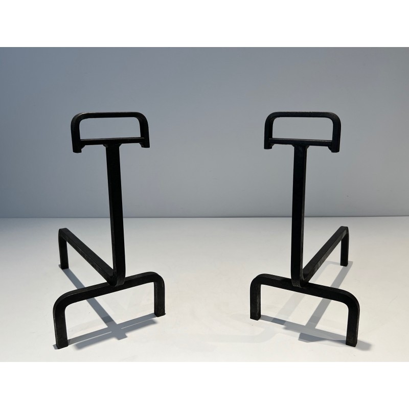 Pair of Wrought Iron Andirons, French Work, circa 1940