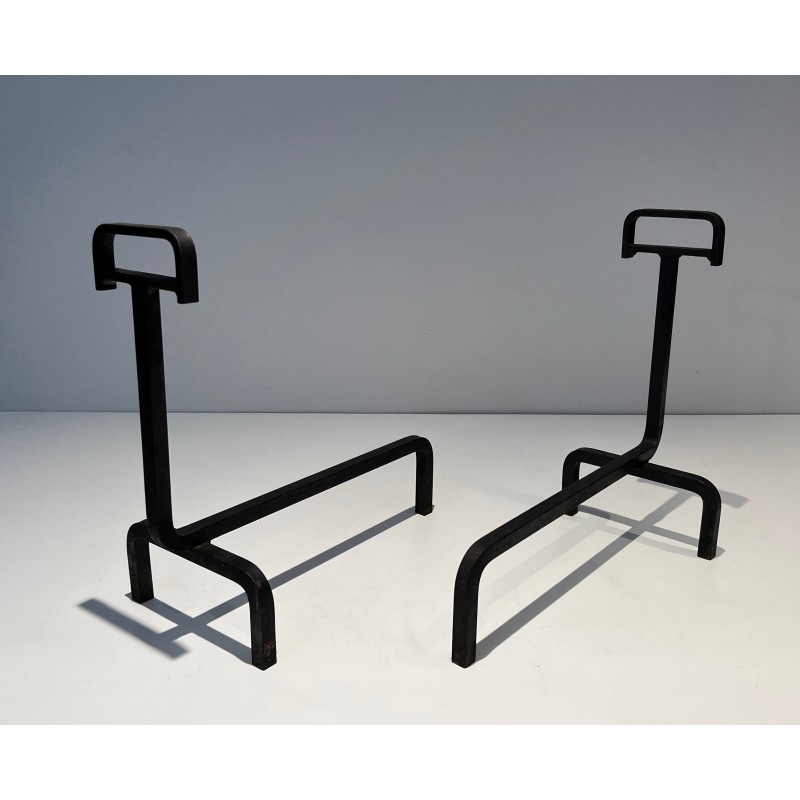 Pair of Wrought Iron Andirons, French Work, circa 1940