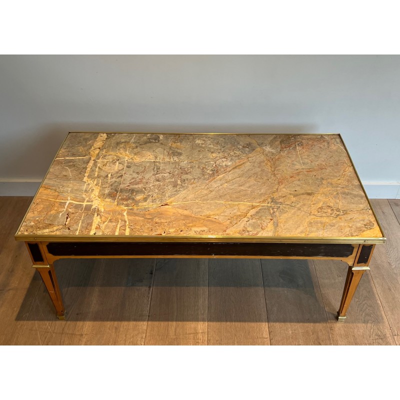 Neoclassical Style Patinated Wood and Brass Coffee Table with Marble Top, French Work, circa 1940
