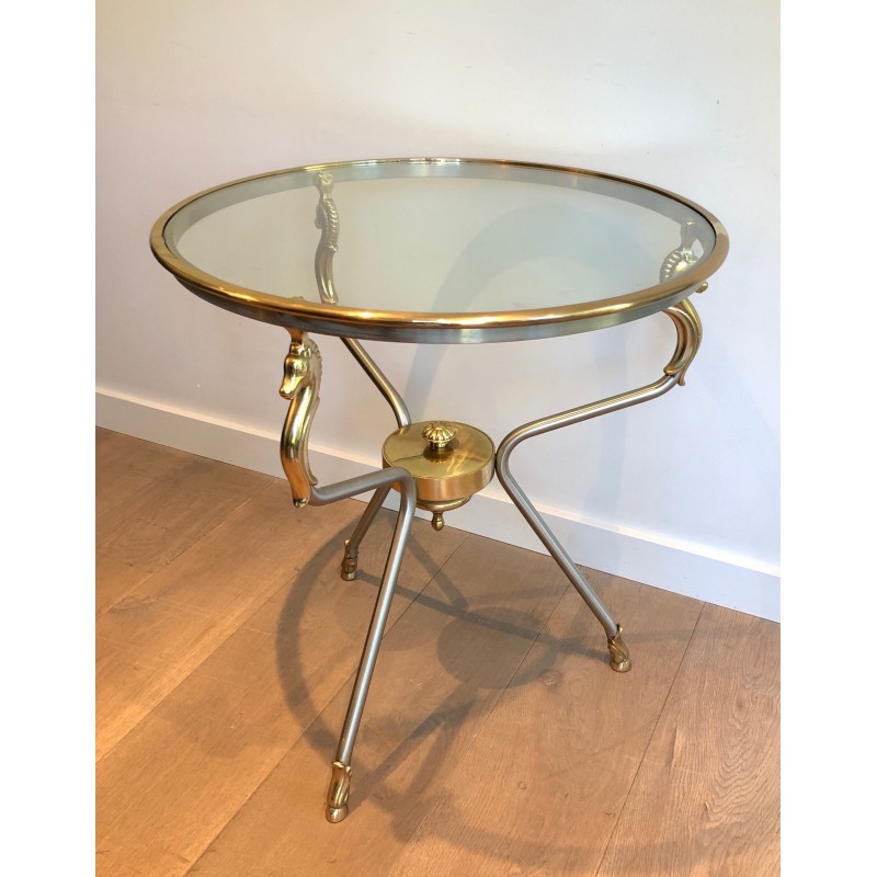 Brushed Steel and Brass Round Guéridon with Seahorse Head Supports, French Work in the Style of Maison Jansen, circa 1970