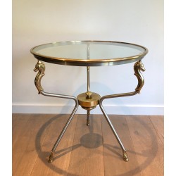 Brushed Steel and Brass Round Guéridon with Seahorse Head Supports, French Work in the Style of Maison Jansen, circa 1970