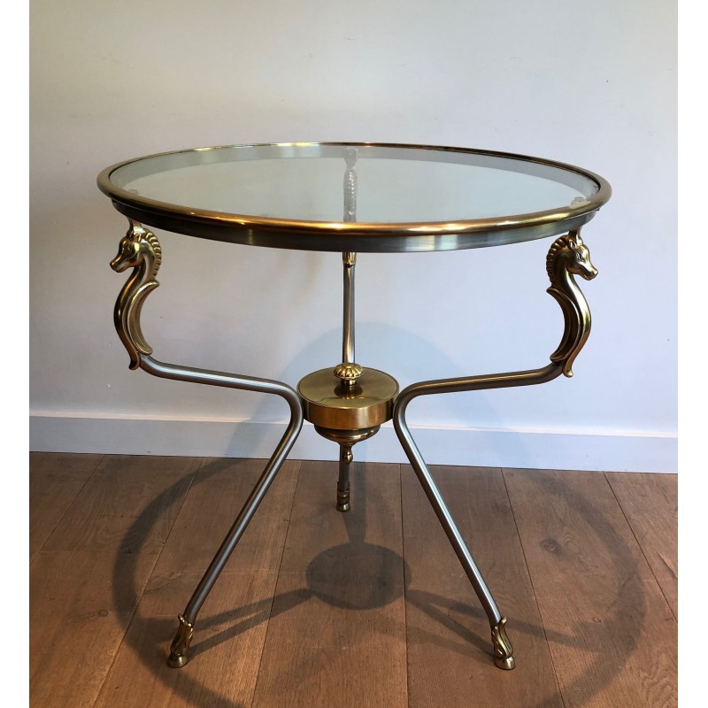 Brushed Steel and Brass Round Guéridon with Seahorse Head Supports, French Work in the Style of Maison Jansen, circa 1970