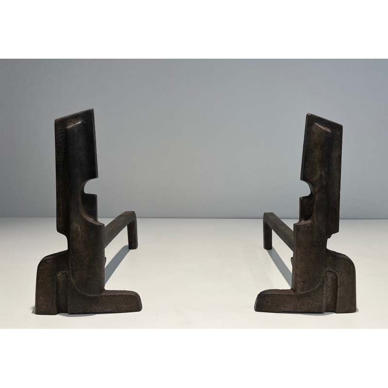 Pair of Modernist Cast Iron and Wrought Iron Andirons, French Work, circa 1940