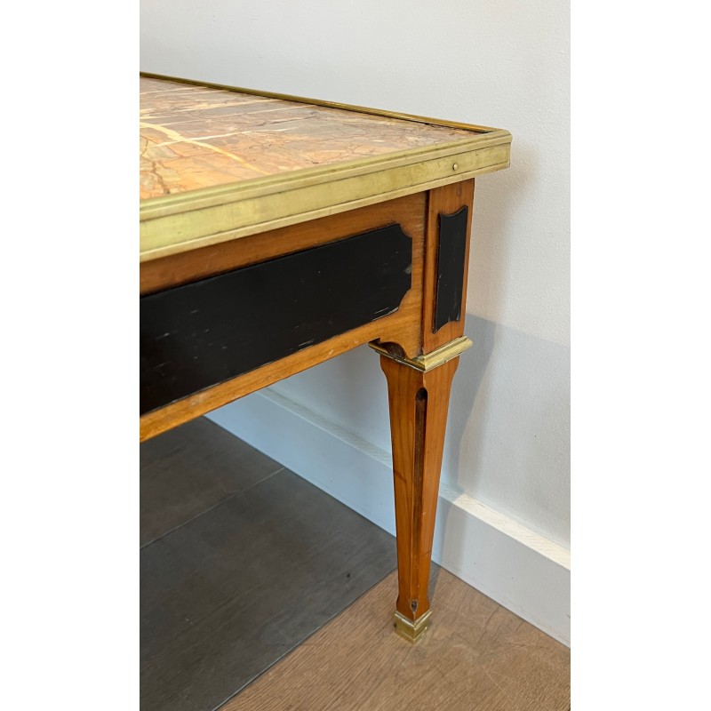 Neoclassical Style Patinated Wood and Brass Coffee Table with Marble Top, French Work, circa 1940