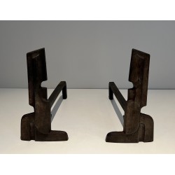 Pair of Modernist Cast Iron and Wrought Iron Andirons, French Work, circa 1940