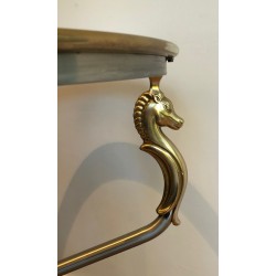 Guéridon Rond en Acier Brossé et Laiton à Têtes d'Hippocampes, Travail Français dans le Goût de la Maison Jansen, Vers 1970